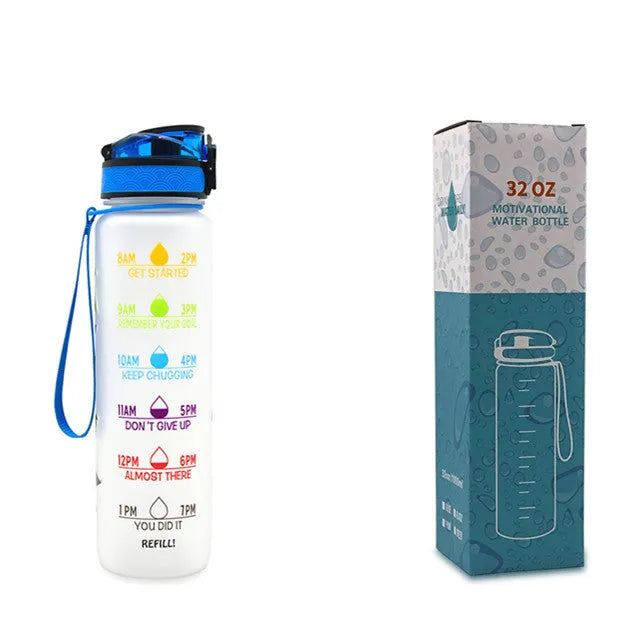Blue and red gradient 1-litre Tritan sports water bottle with time markers, flip-top lid, and wrist strap.