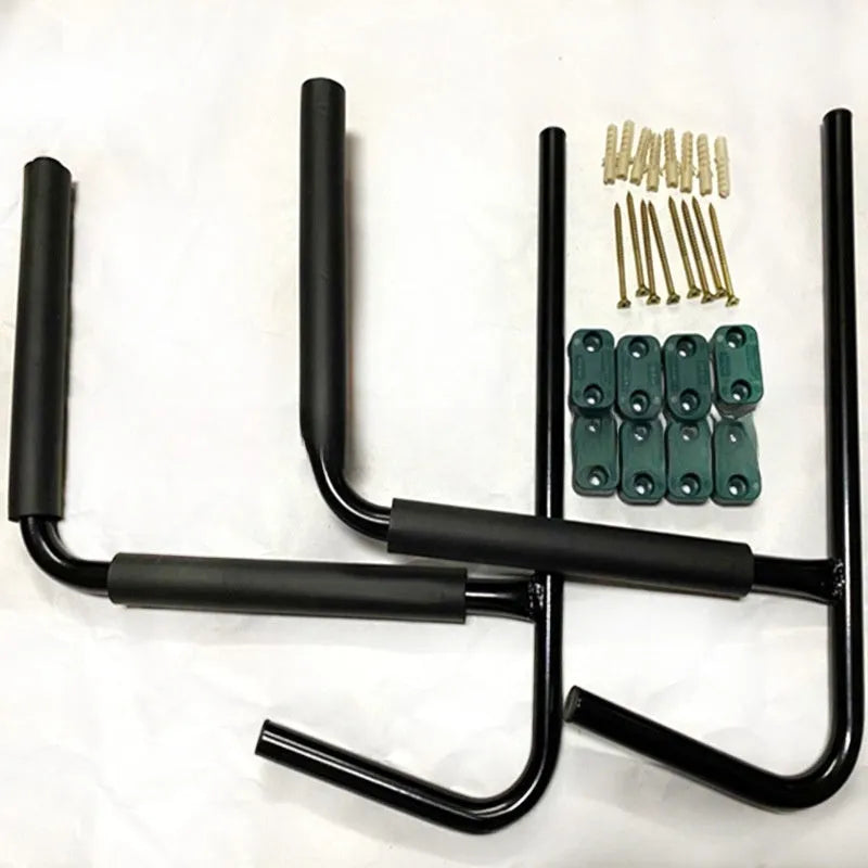 Heavy-duty carbon steel kayak and surfboard wall storage rack measuring 43cm wide.