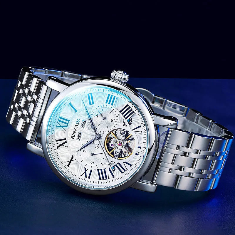 Men's steel automatic watch with business style dial on a choice of black or white steel strap.