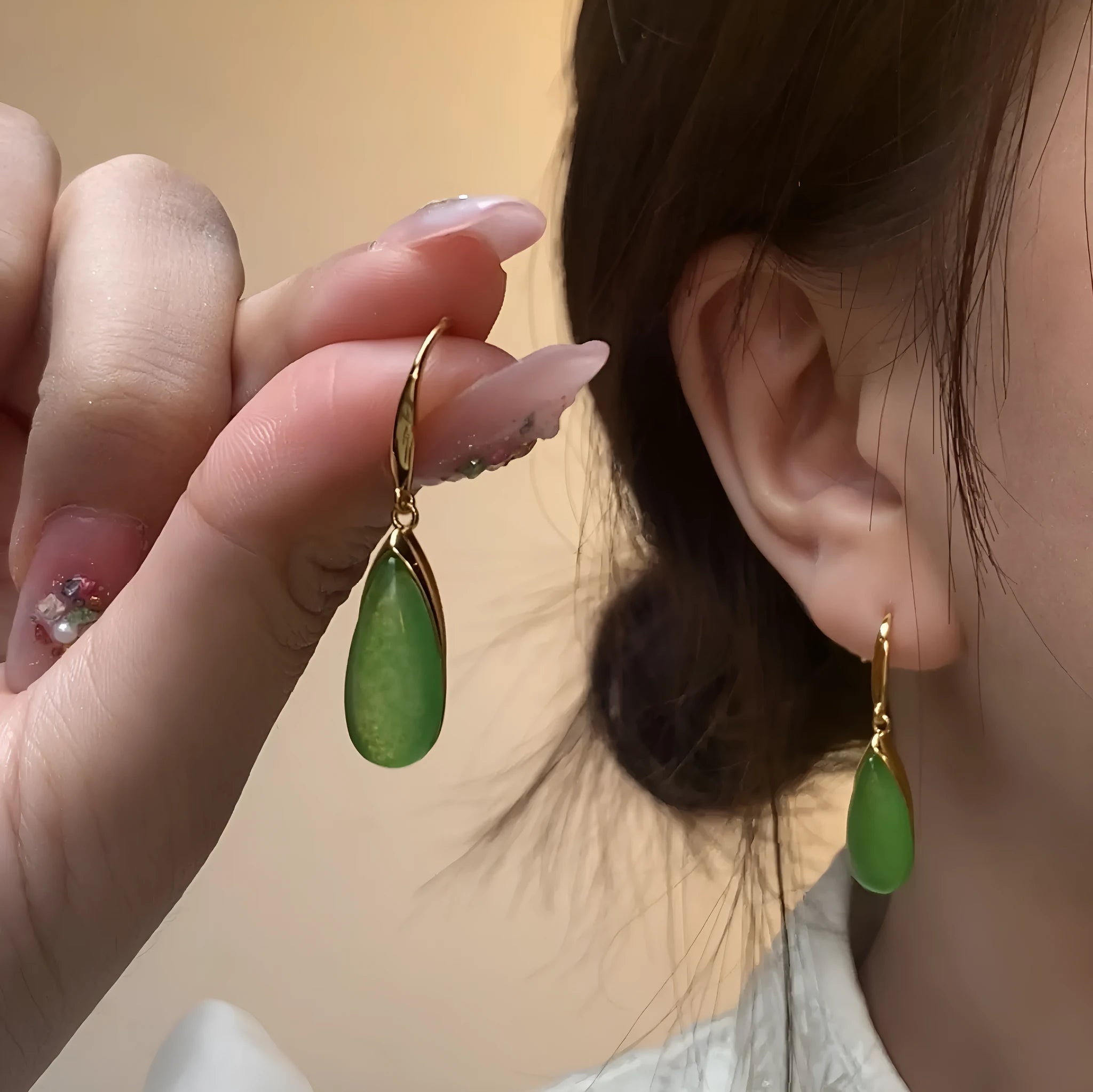 Retro Chinese style geometric water droplet earrings in CP798-jade colour on copper.