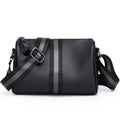 Black genuine leather crossbody bag with dimensions 24x16x13cm showing large capacity and polyester lining