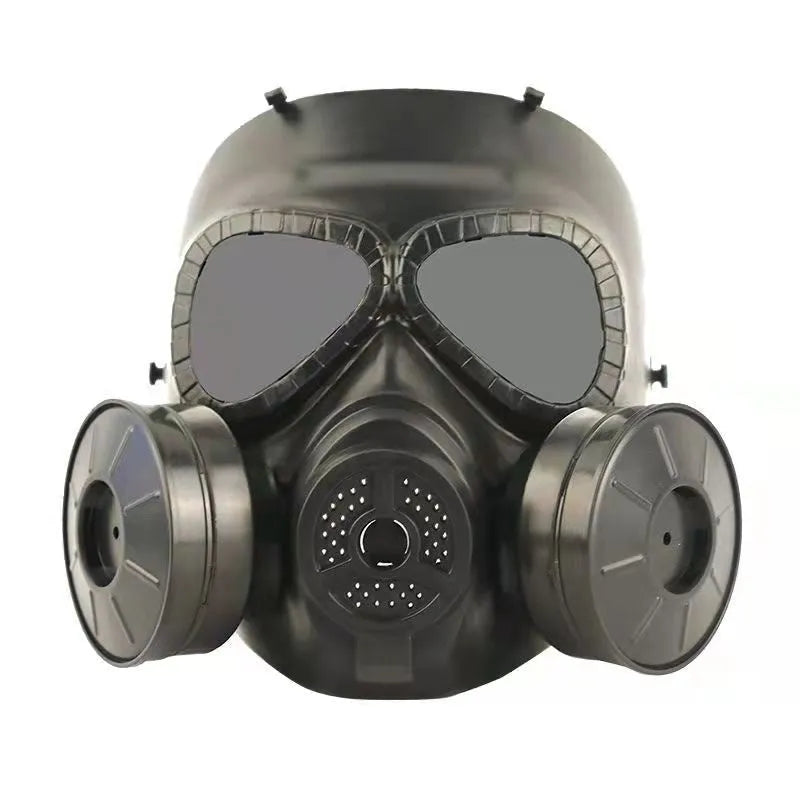 Real-life Field Equipment twin fan mask in black with transparent lens, head-mounted TPR design for outdoor use