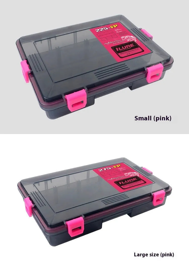 Blue waterproof PP plastic fishing lure storage box with lid open, showing compartments.