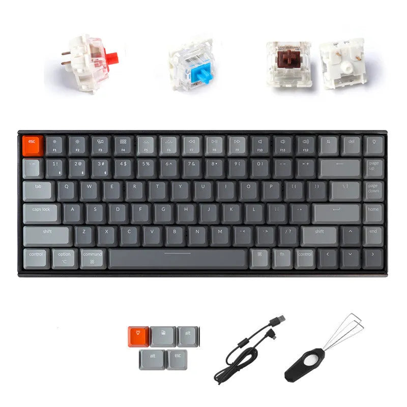 Plastic edge 87-key mechanical keyboard with white LED backlighting, grey colour, showing keycaps and USB cable