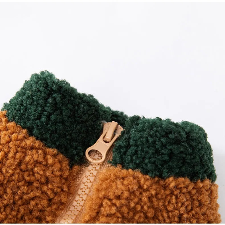 Color-block pet fleece jacket with squirrel patch in green brown beige for small dogs