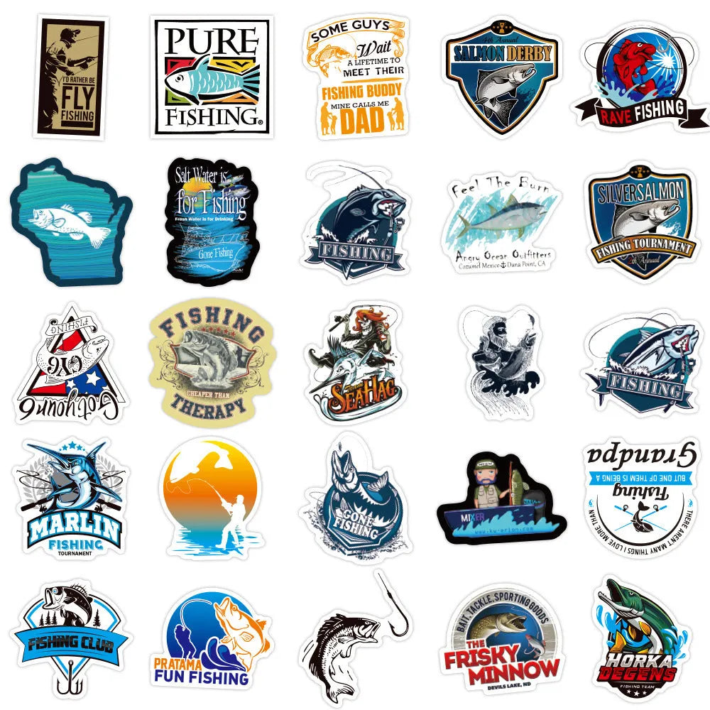 Pack of 50 fishing angling decorative stickers adhesive vinyl 5-8cm colour options WZ0335 WZ01039