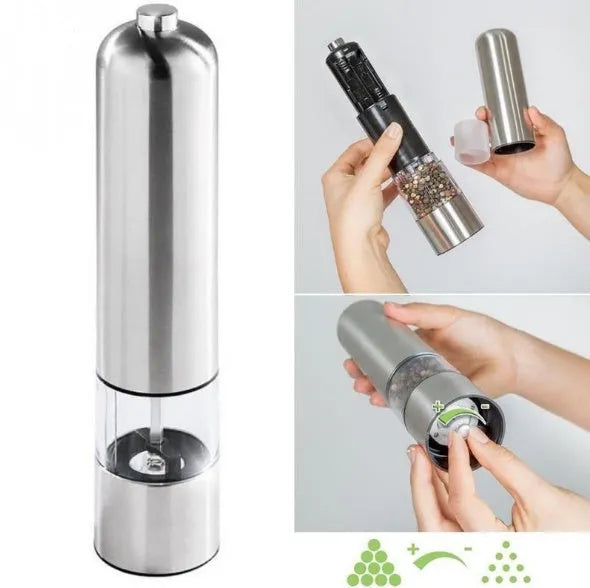Electric stainless steel pepper grinder with natural colour finish on a kitchen counter