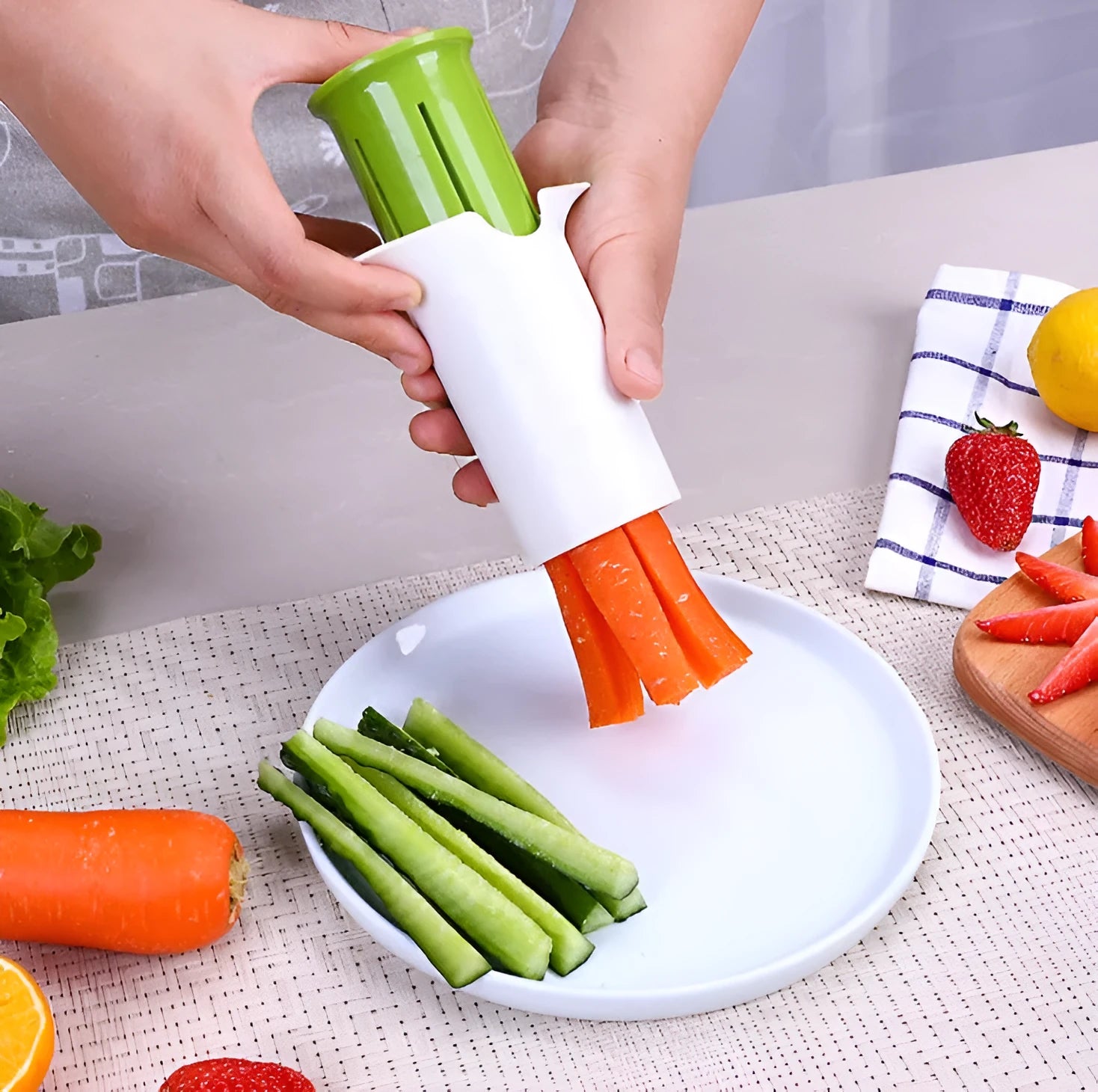 White vegetable cutter tool with six stainless steel blades for slicing cucumbers and carrots