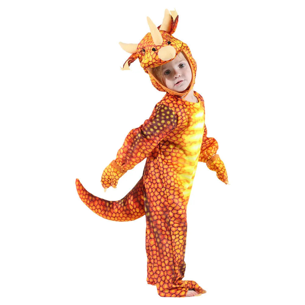 Children's dark green and orange Triceratops dinosaur fancy dress Halloween costume.