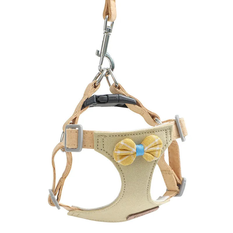 Dog hand holding rope vest small dog chest harness set in beige dots flowers with traction rope
