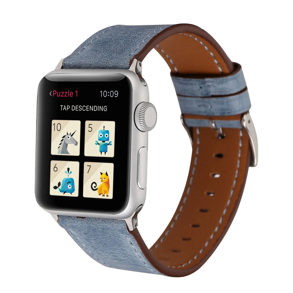 Leather watch strap with folding buckle in multiple colour options