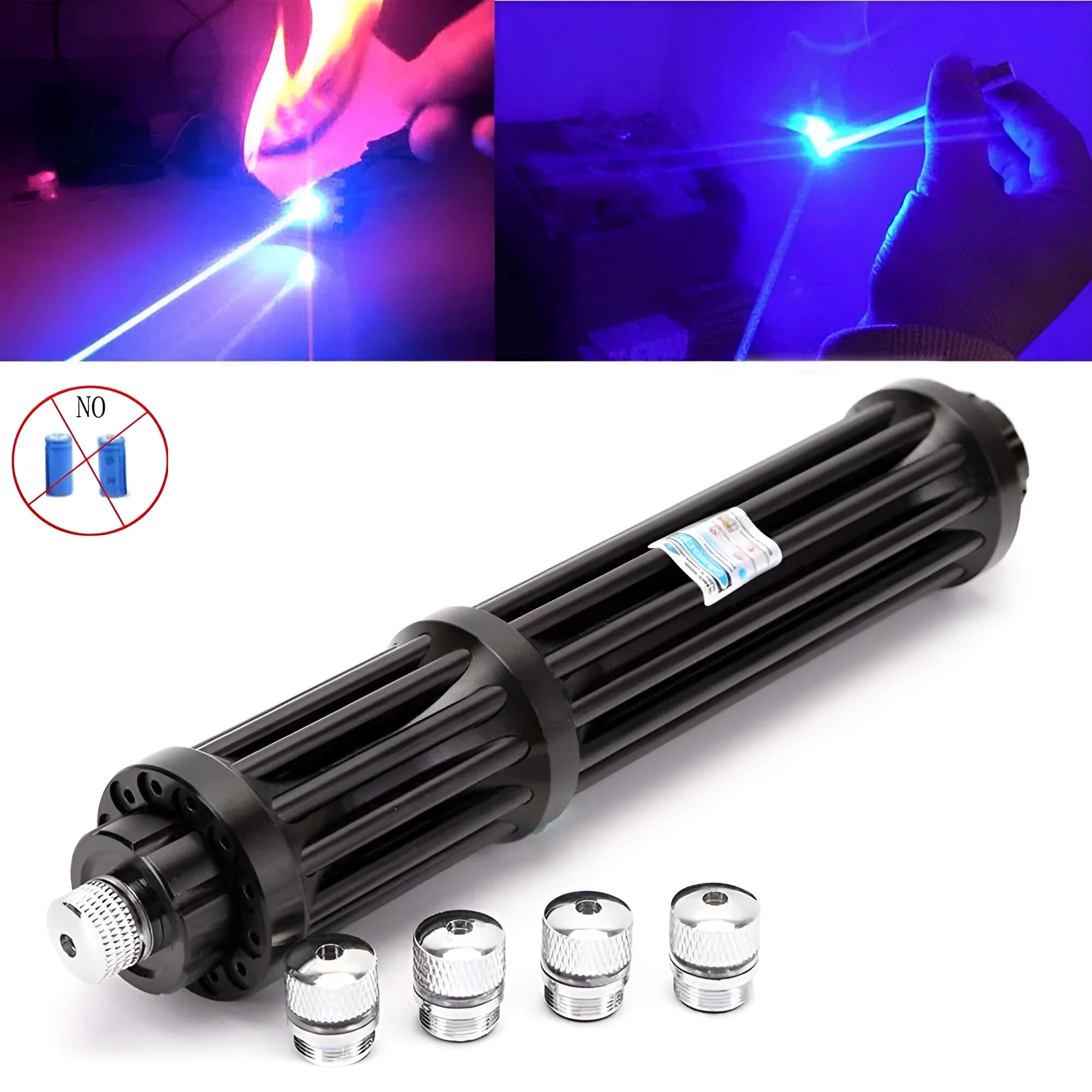 Black anodised aluminium laser torch with blue laser beam, showing tail switch and 168mm length.