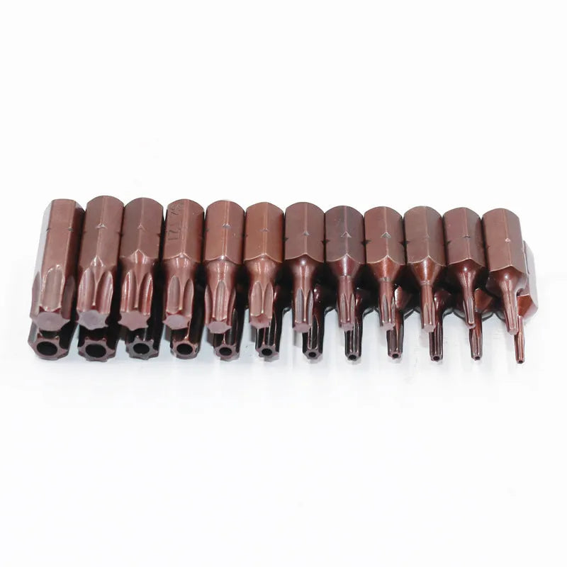 Black screwdriver bit set with magnetic tip showing T6 to T40 sizes on display