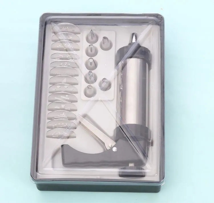 Stainless steel biscuit press cookie machine with 13 mould discs and 8 icing nozzles for home baking
