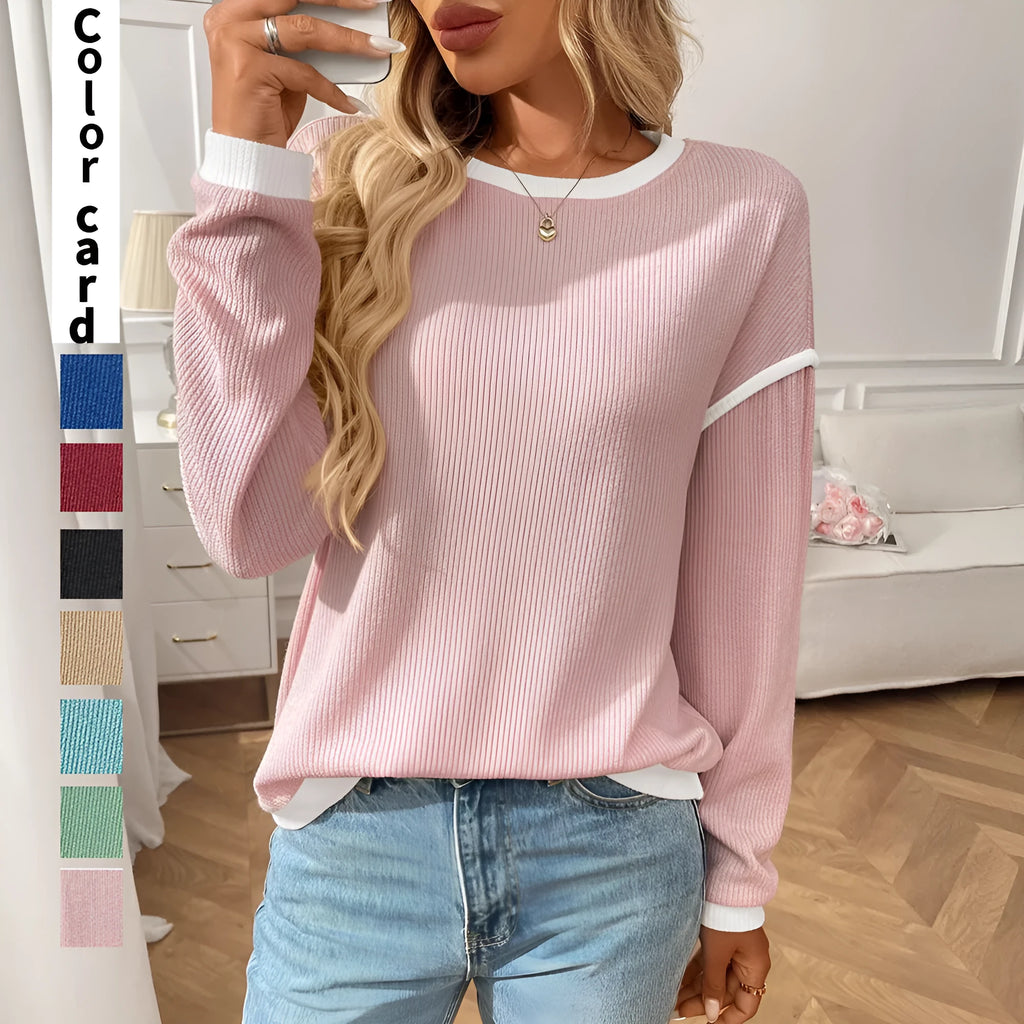 Women's loose round neck pullover top in polyester with long sleeves available in multiple colours