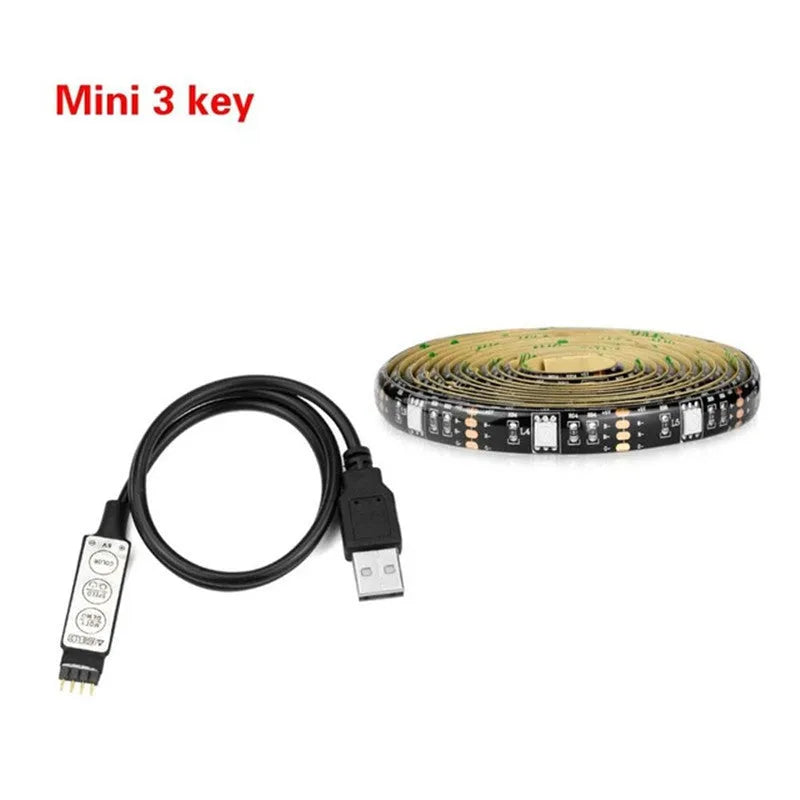 Flexible cuttable LED light strip with adhesive backing, bent to show installation behind a television