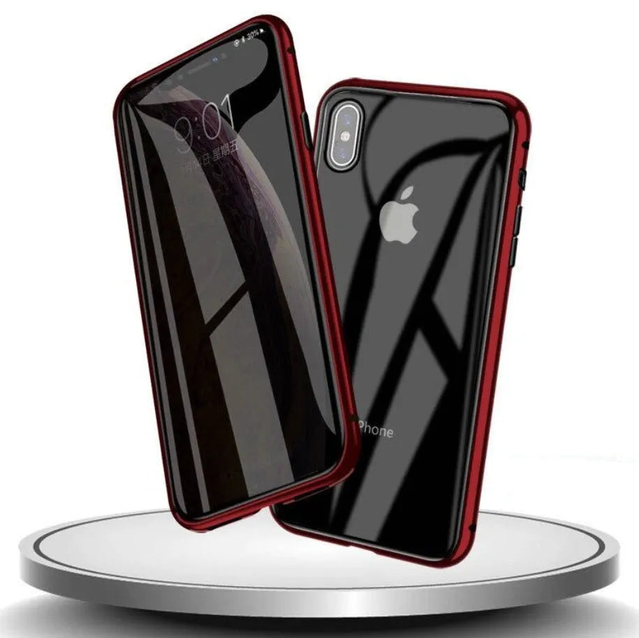Geometric-patterned clamshell phone case in navy blue, open to show iPhone 13 Pro Max inside.