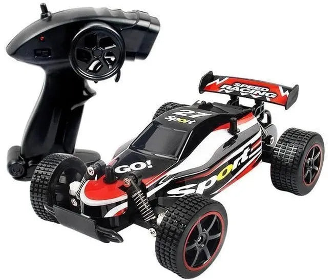 Blue 1:18 scale remote control off-road drift car with 2.4Ghz transmitter on a flat surface.