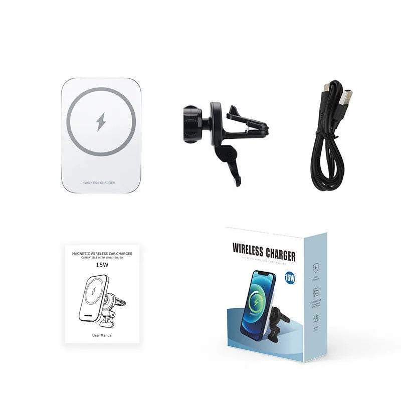 Black magnetic wireless charging car phone holder mounted with a silver iPhone.