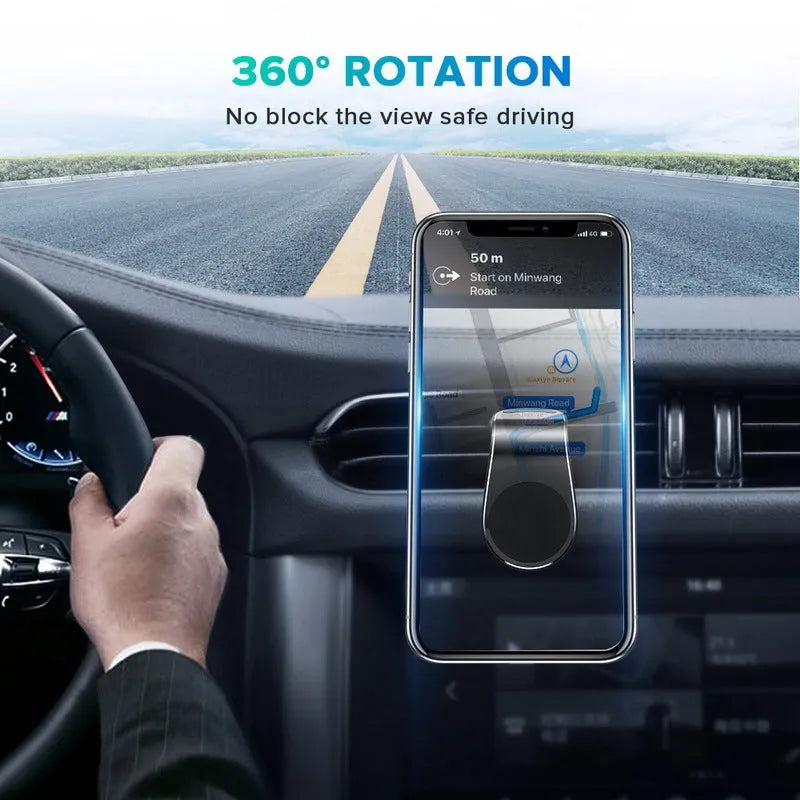 Black car phone bracket mounted on a vehicle air vent, holding a mobile phone in landscape orientation.