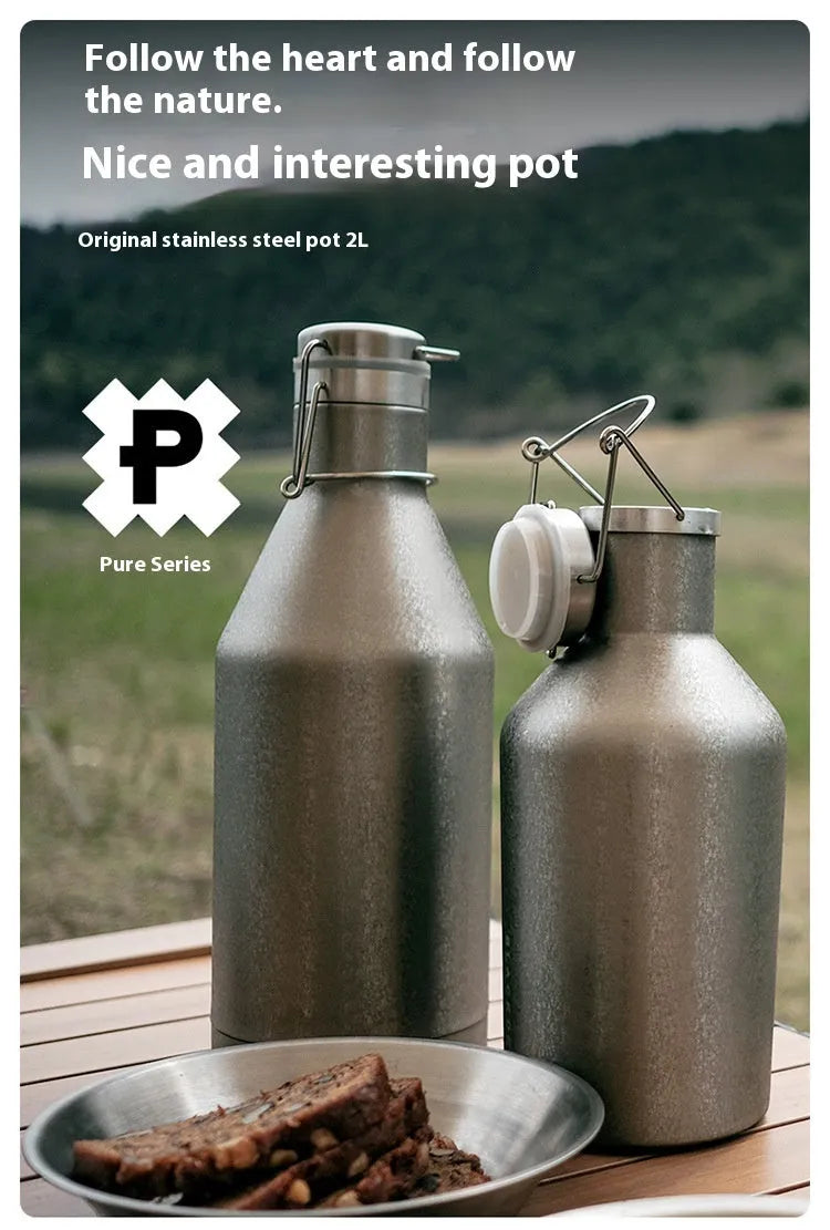 Large stainless steel outdoor thermal pot shown in single-layer and insulated double-layer versions.