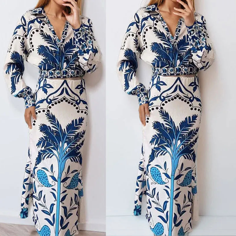 Women's long sleeve polyester casual set with pants in picture colour, shown on a model.