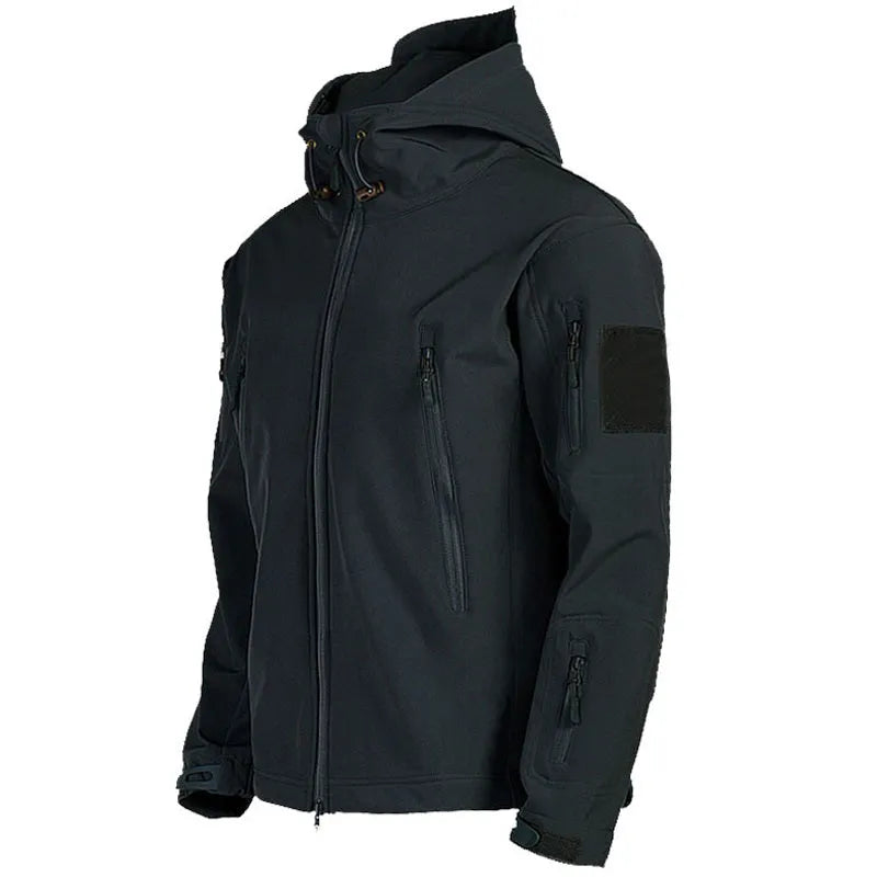 Men's windproof hooded soft shell jacket in black polyester fibre with front zipper and hood