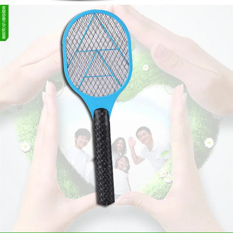 Blue battery-operated electric mosquito swatter with mesh grid, measuring 45cm long.