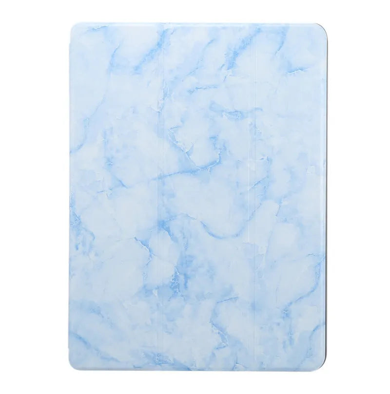 Marbled tri-fold iPad case in dark grey standing upright, showing pen slot and folded stand.