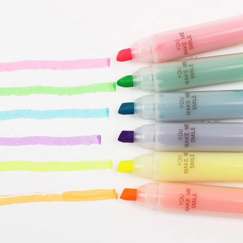 Set of six plastic barrel highlighter pens in yellow, pink, blue, green, orange, and purple colours with oblique tips