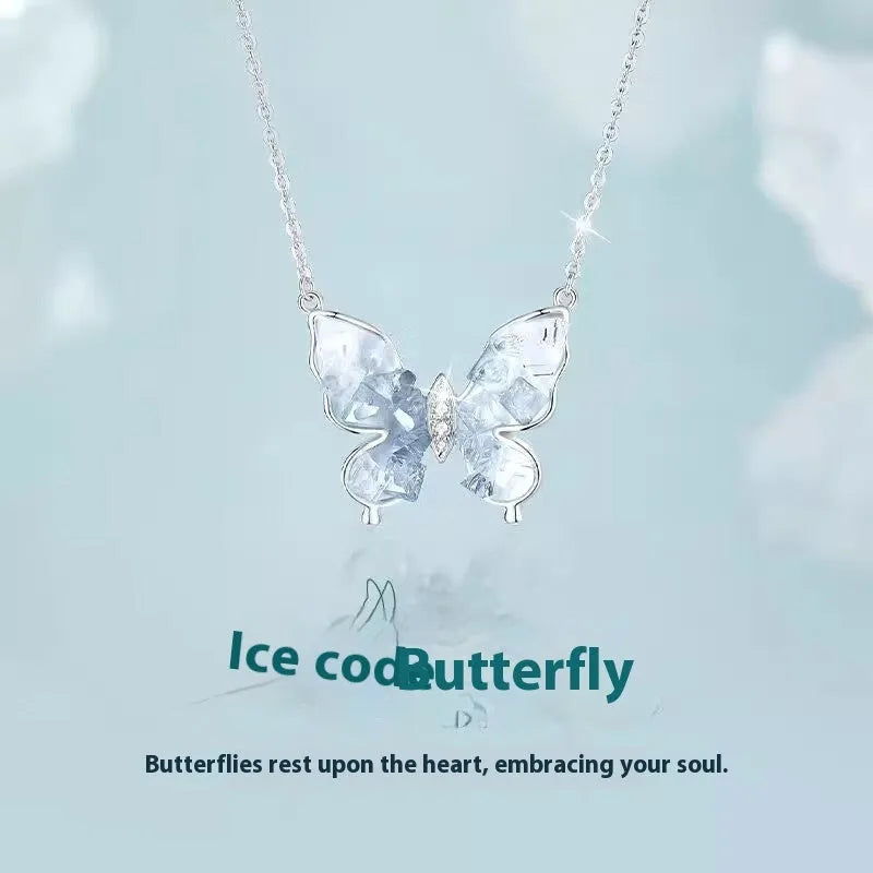 Close-up of an adjustable S925 sterling silver necklace with an ice rain butterfly pendant on a 41-50cm O-ring chain.