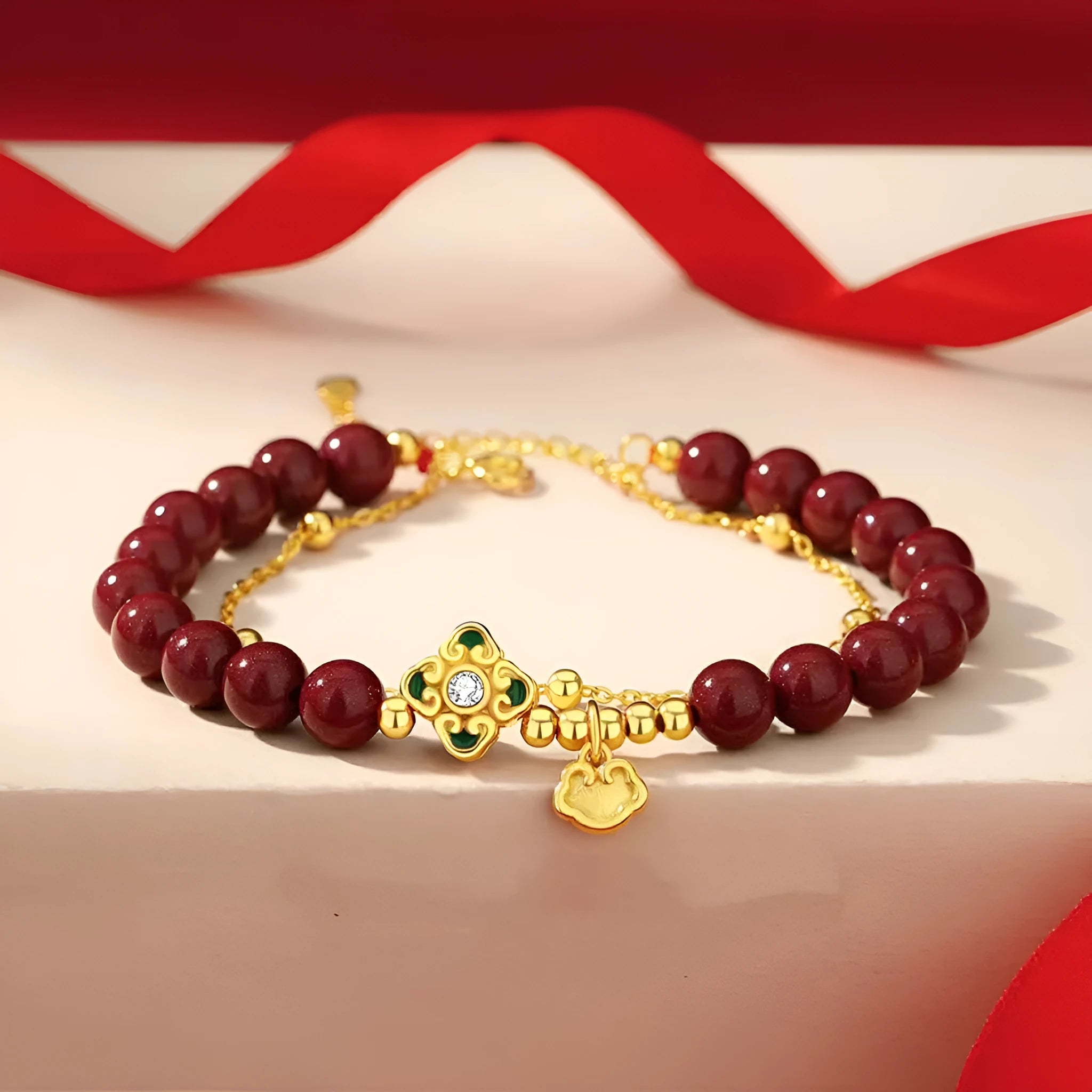 Sterling silver women's bracelet with geometric shape, ruyi, xiangyun and cinnabar flower design.