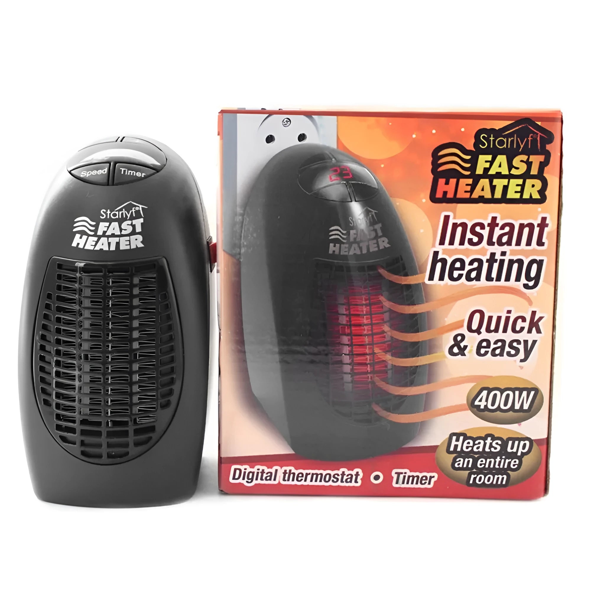 Black compact ceramic electric heater with digital display and rotating plug on a desk.