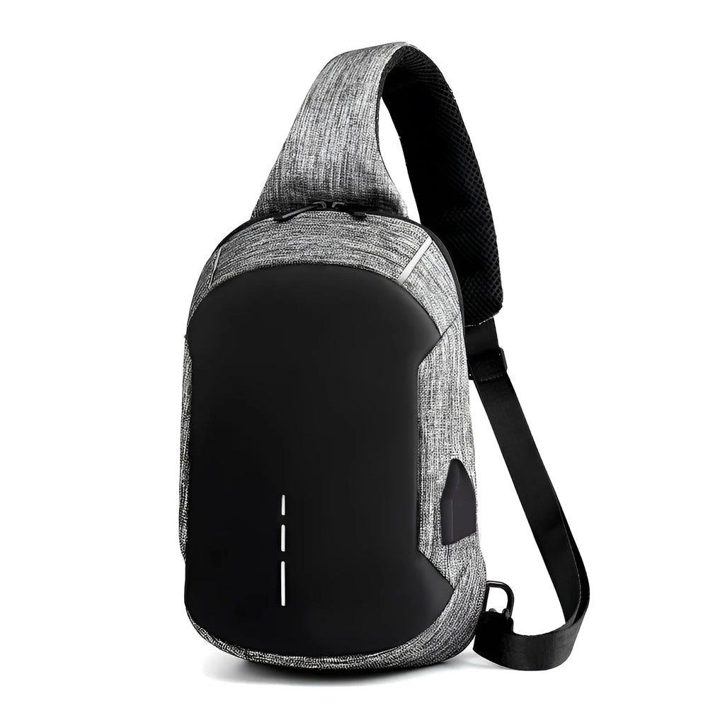 Dark blue Oxford cloth chest bag with a zipper and adjustable strap, shown from the front.