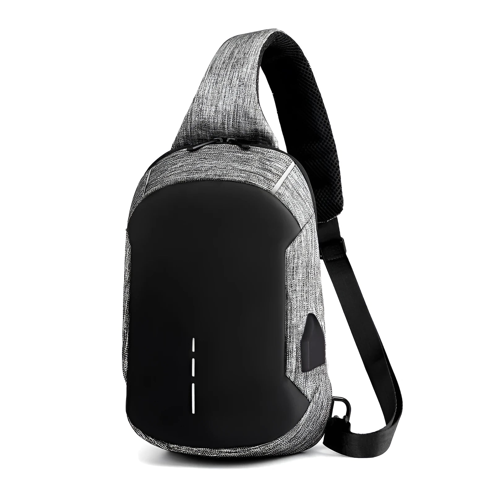 Dark blue Oxford cloth chest bag with a zipper and adjustable strap, shown from the front.