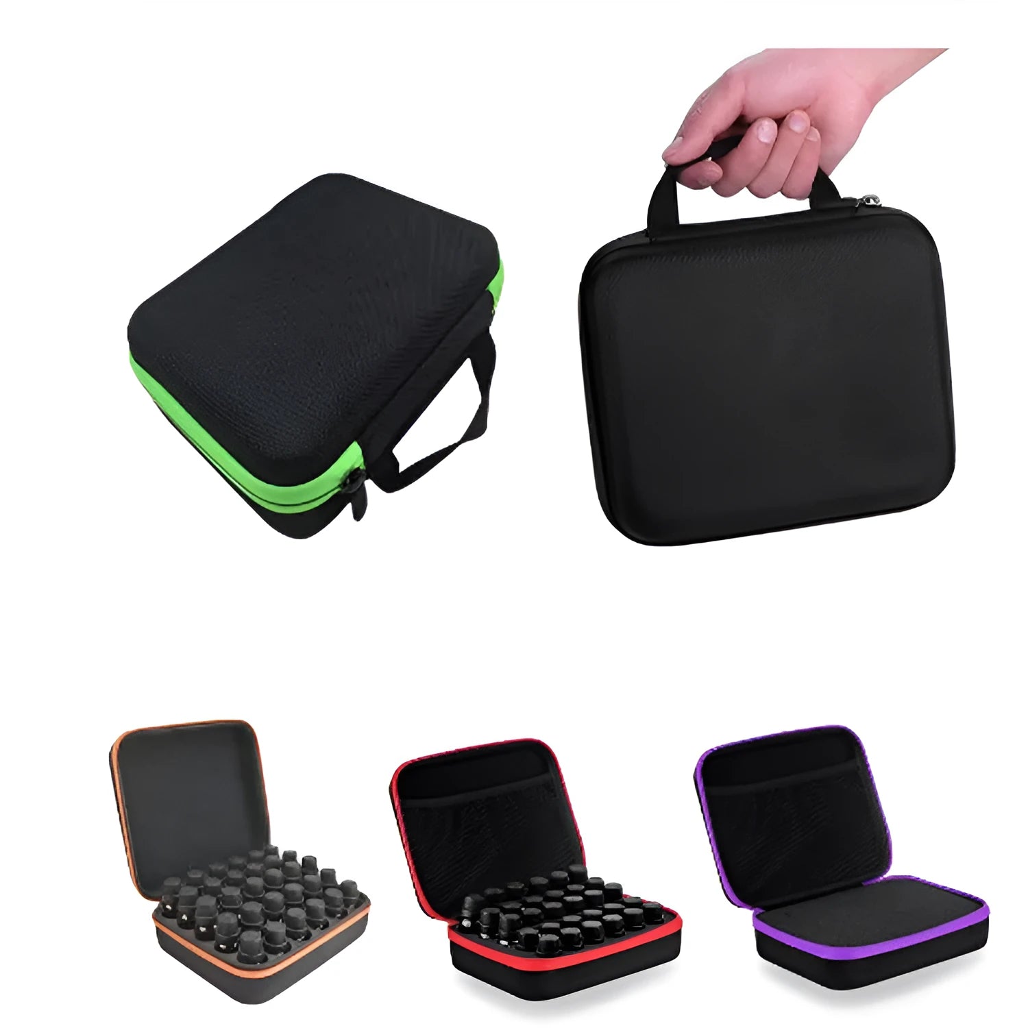 Red EVA essential oil storage bag with 30 compartments mounted on a wall