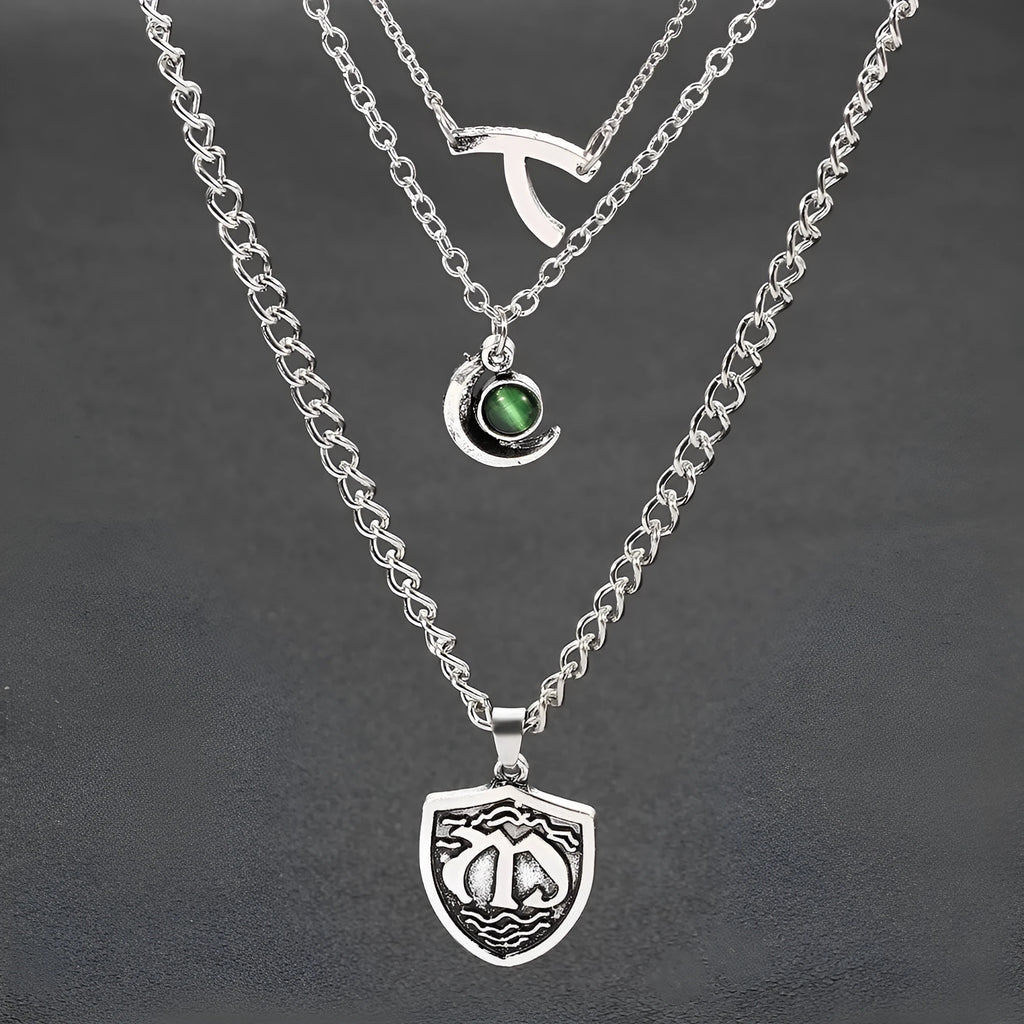Silver electroplated alloy multilayer short necklace with Seven Deadly Sins pendant and water wave chain