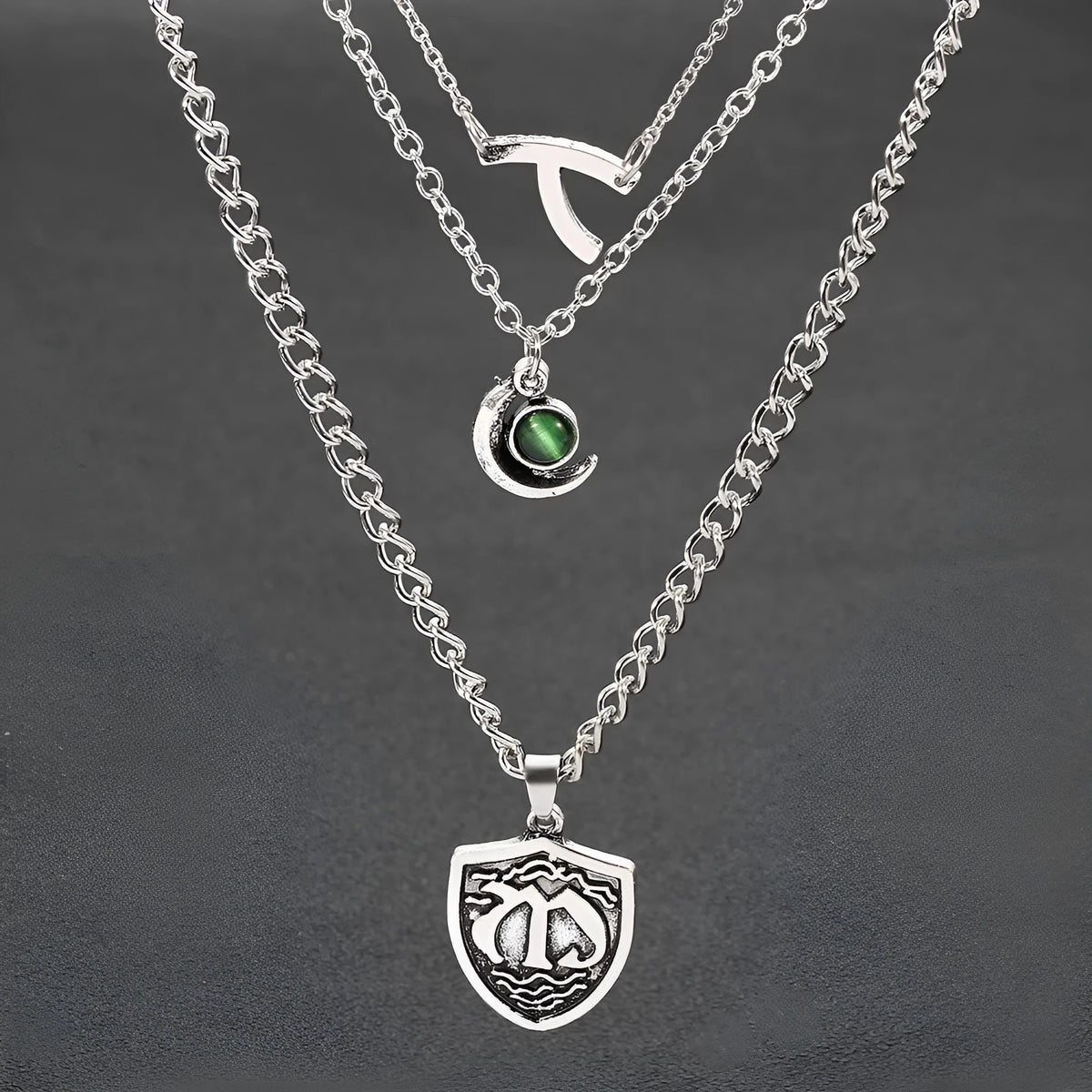 Silver electroplated alloy multilayer short necklace with Seven Deadly Sins pendant and water wave chain