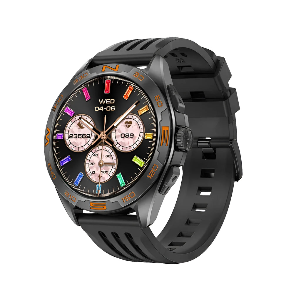 Black stainless steel smart watch showing health stats on IPS screen, with WhatsApp notification visible.