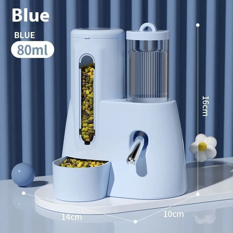 White automatic drinking water feeder with attached food bowl for hamsters, shown next to blue and pink colour options.