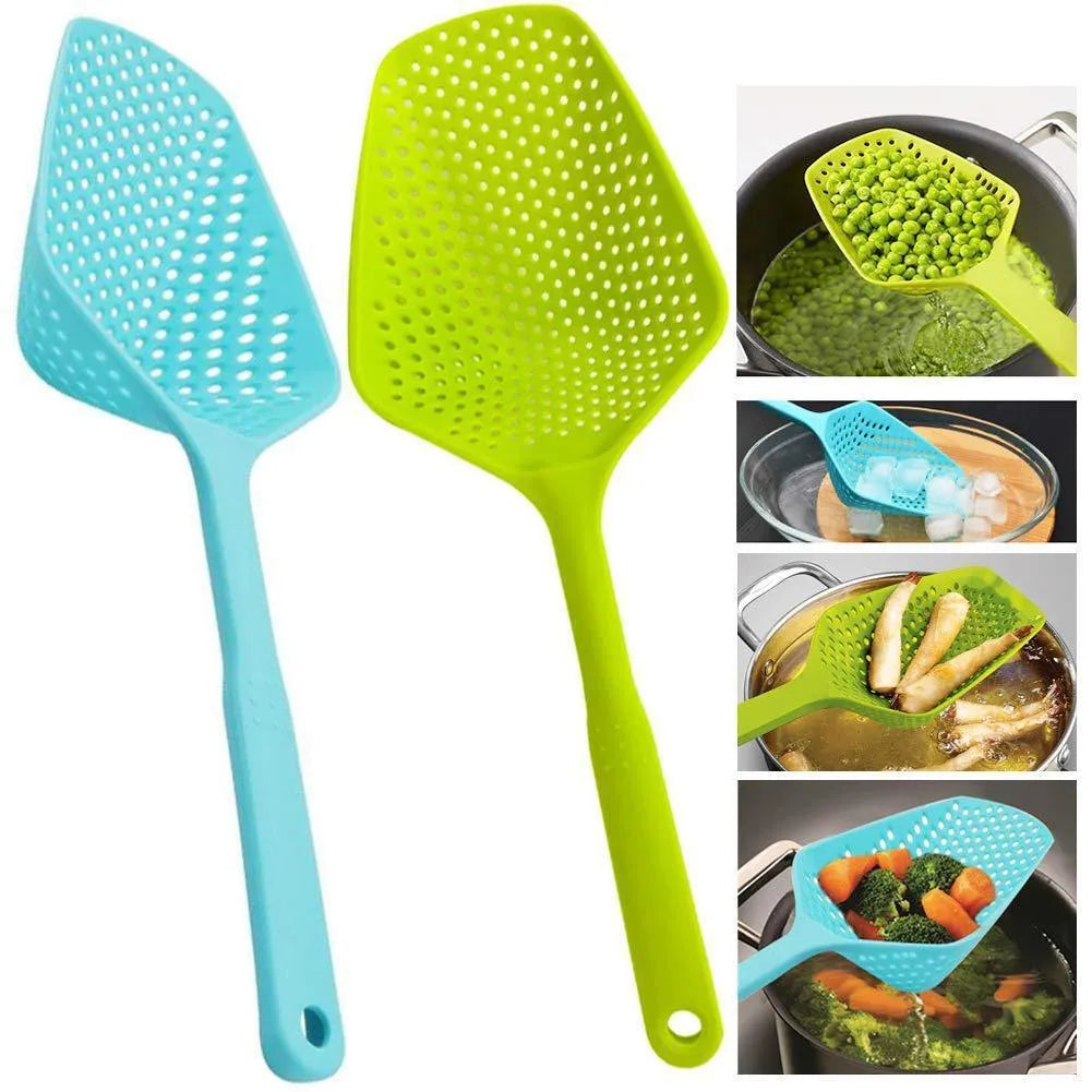 Large plastic kitchen colander strainer scoop in multiple colours for draining food.