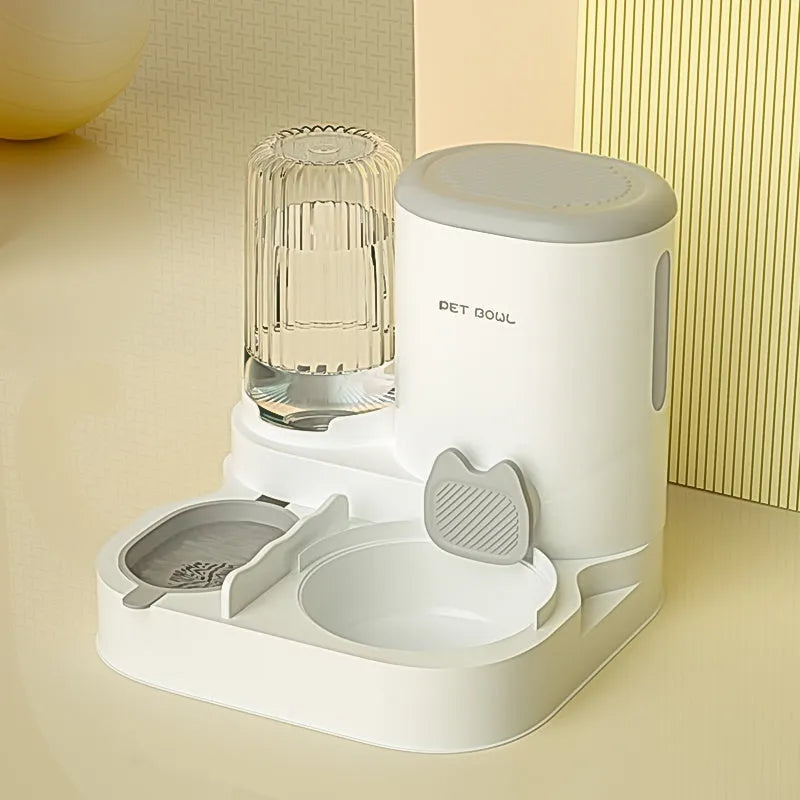 Automatic cat water fountain with two stainless steel food bowls attached, in avocado green colour.