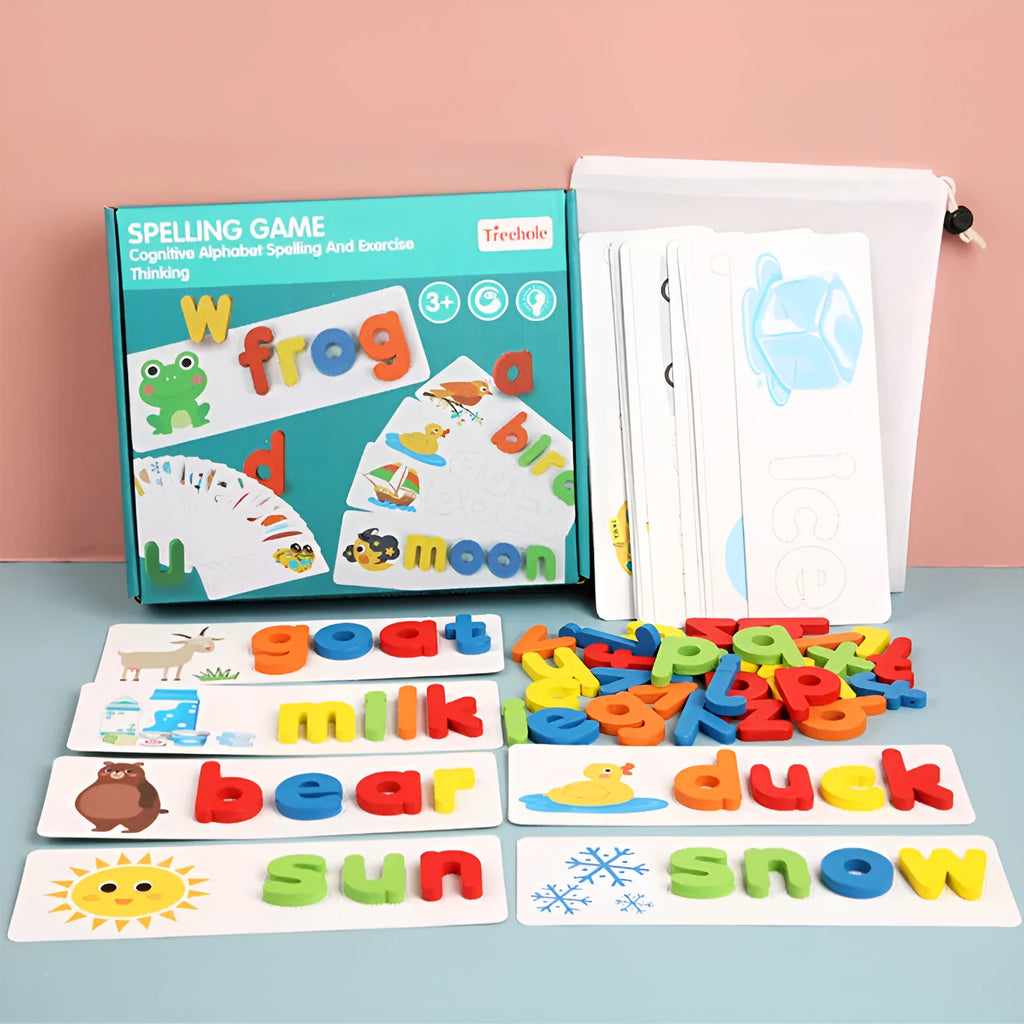 Wooden flat panel preschool educational toy with colourful letter pieces for English word spelling, ages 4-6