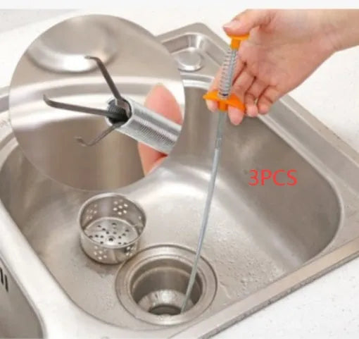 Flexible drain cleaning spring tool with gripped handle for removing hair from pipes