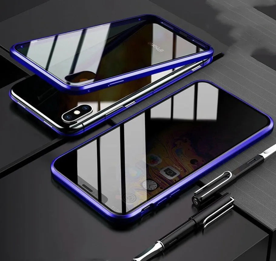 Geometric-patterned clamshell phone case in navy blue, open to show iPhone 13 Pro Max inside.