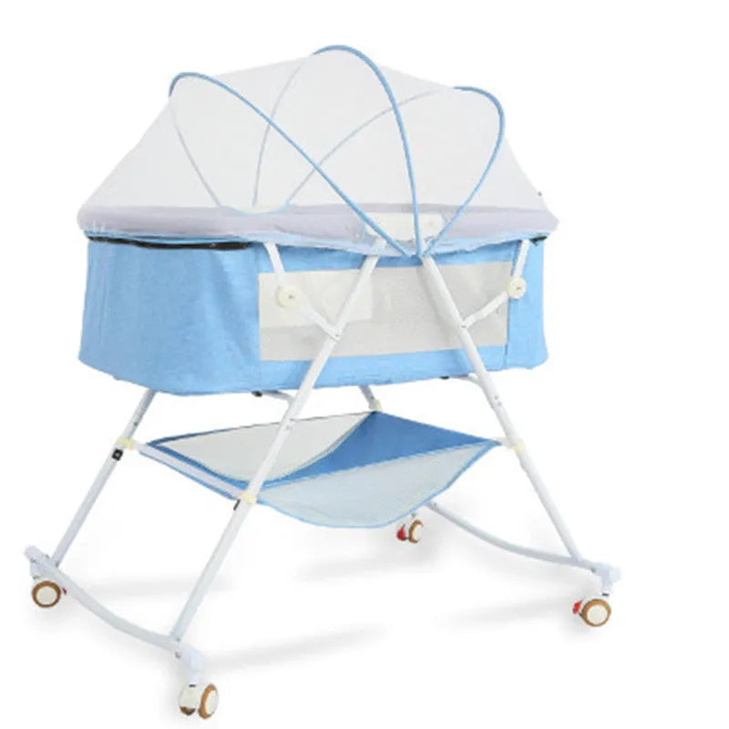 Foldable European style newborn crib with iron frame, shaker, roller, and mosquito net in a nursery setting