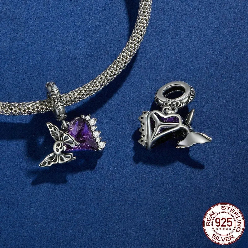 S925 silver skull butterfly bead DIY pendant part 23x14mm inlay finish on white background