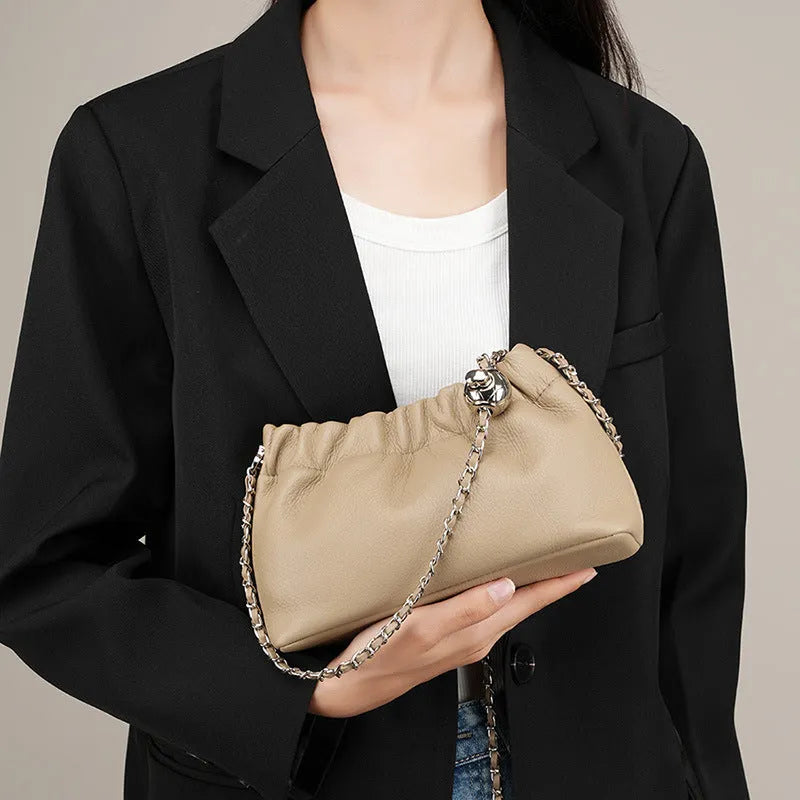 Genuine cowhide leather women's crossbody bag with chain shoulder strap in dumpling shape