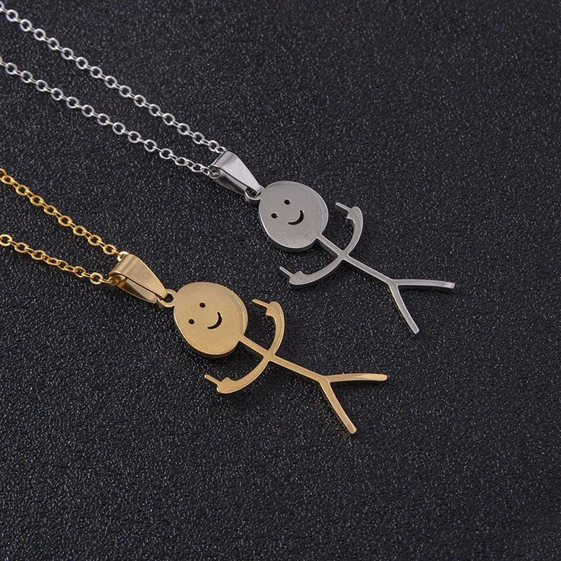 Stainless steel funny doodle smiley stick figure middle finger pendant necklace on link chain