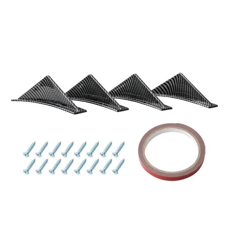 Four 150mm triangular ABS car rear spoilers on a bright black and carbon fibre background.